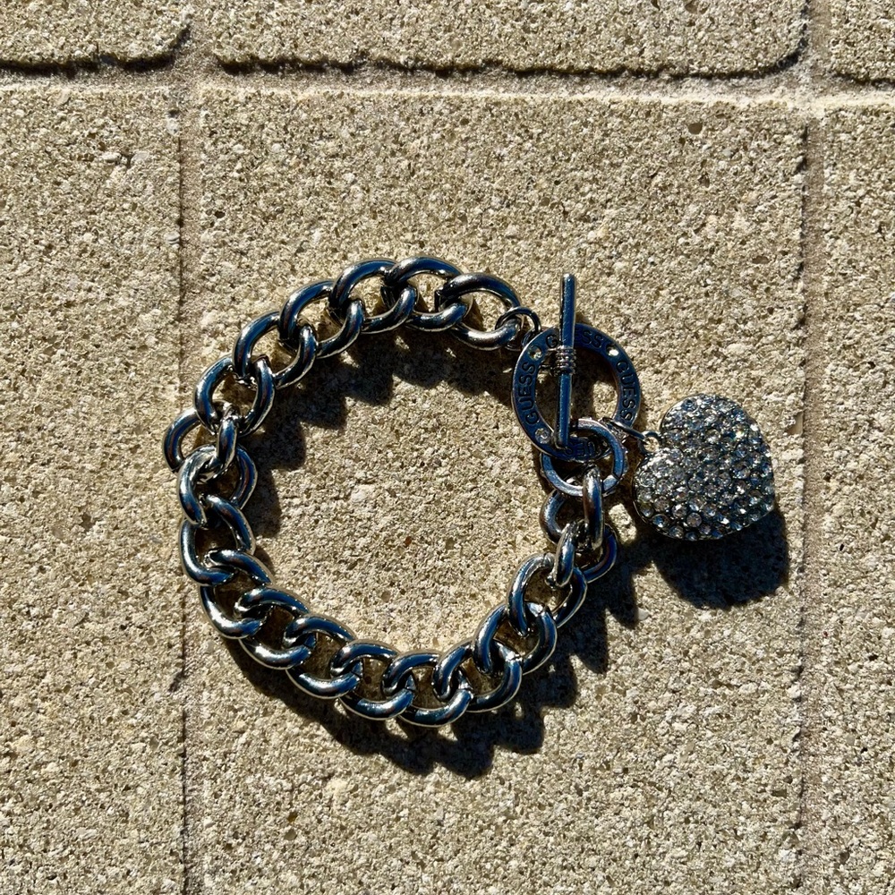 Guess Silver Chain Bracelet with Heart Charm